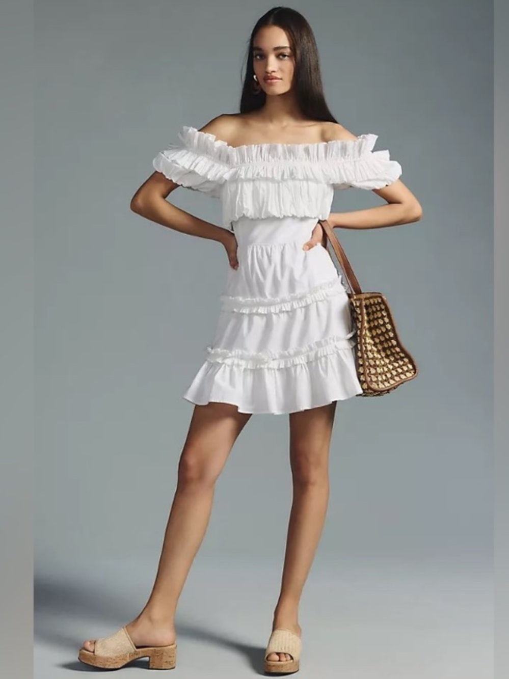 Love the Label White Off Shoulder Puff Sleeve Tiered Mini Dress Small